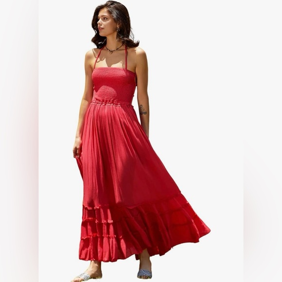 Amazon Dresses & Skirts - Amazon Red Boho Halter Maxi Dress Smocked Bodice Ruffle Hem Summer Chic Size M